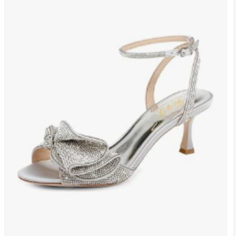 FOWT Silver Rhinestones Bow Sandal Mid Heel Open Toe Ankle Strap Party Prom Shoe